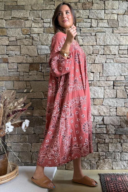 Kasbah Bubble Cotton Bandana Peasant Dress Indian Red